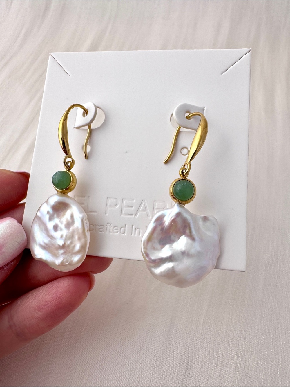 Gold Drop Big Patel Pearl Earrings with Green Jade